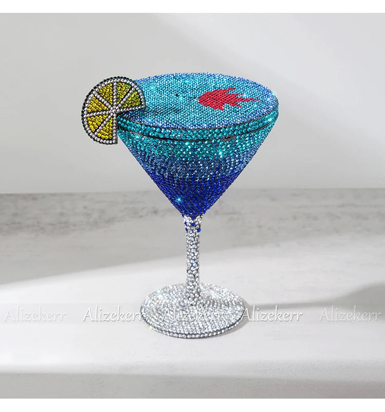 Alizekerr Cocktail Glass Shaped Rhinestone Evening Bags Luxury Designer Gorgeous Crystal Metal Purses And Handbags Wedding Party