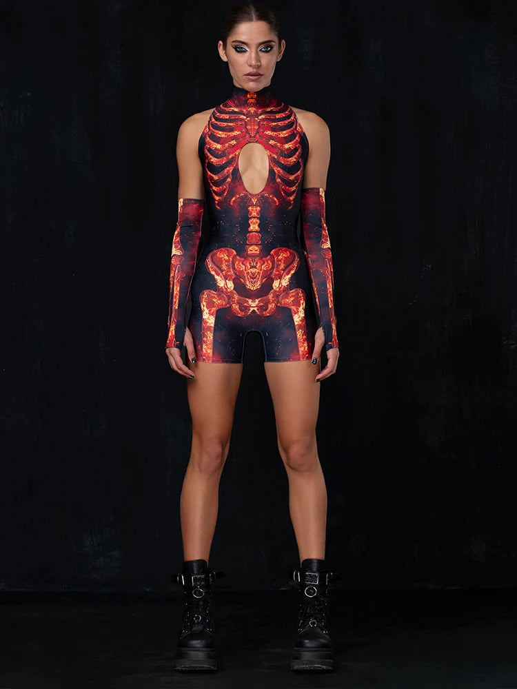 Bone Printed Playsuit Women Y2K Jumpsuits High Waist Hollow Out Gloves Bodycon Short Sleeves Rompers Sexy Club Bodysuits Female