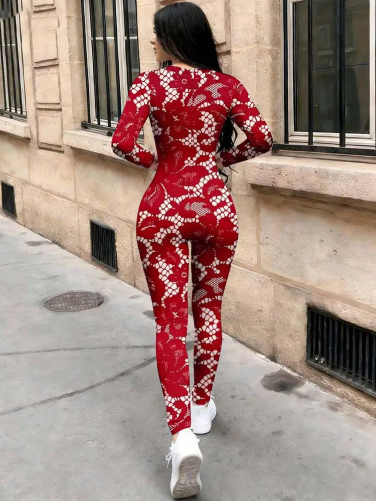 Round neck long sleeved tight fitting jumpsuit elastic slim fit women's spicy style jumpsuit pants