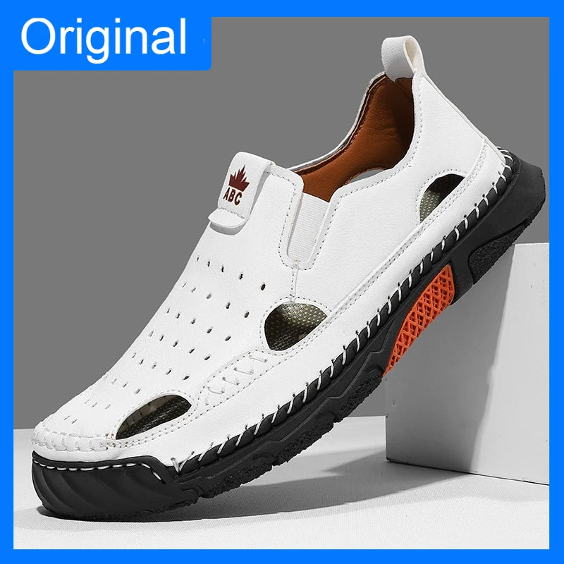 Mens Sandals New Comfortable Slip-on Casual Footwear Plus Size Elastic Soft Sole Lightweight Handmade Leather Walking Sandals