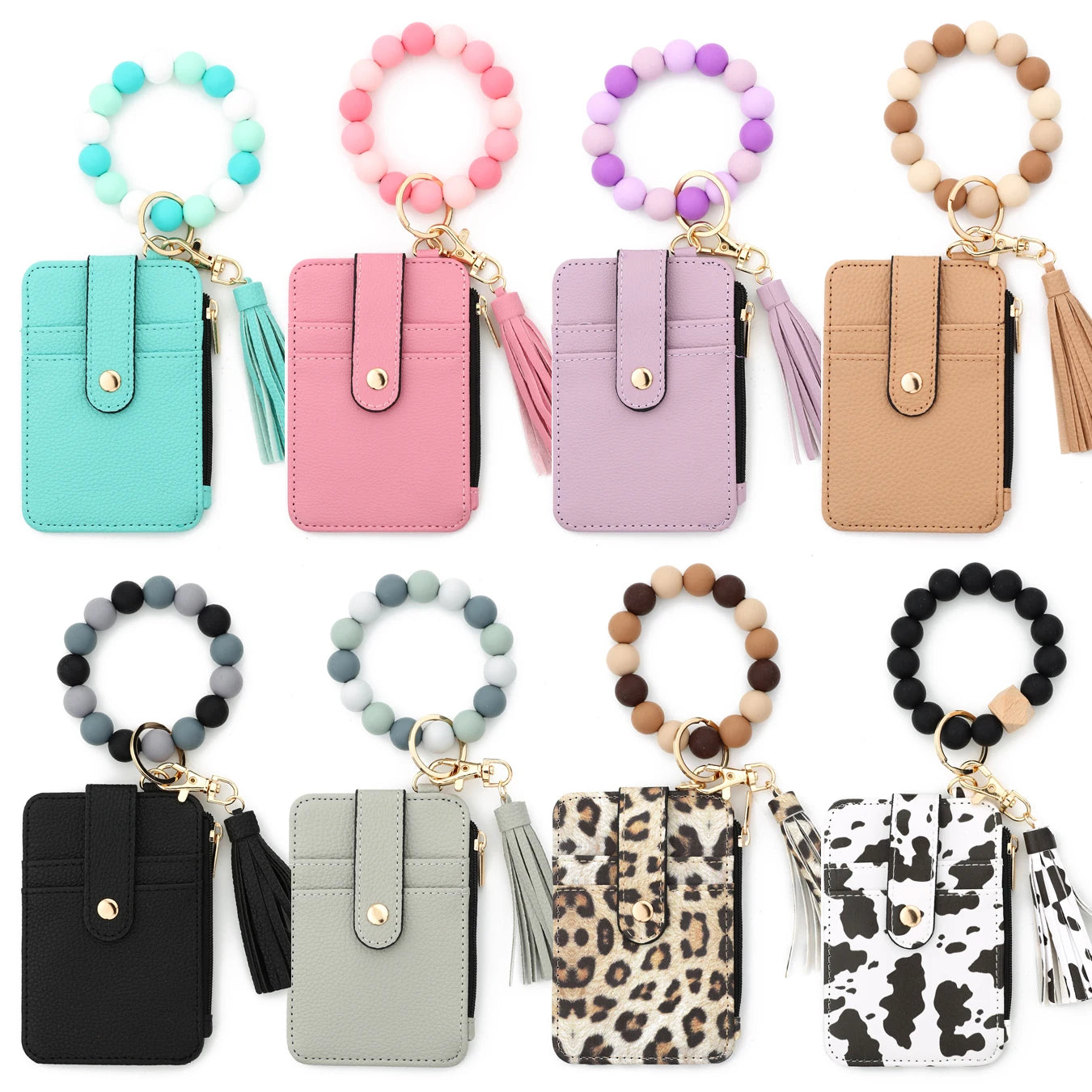 2025 Silicone bead pu leather key chain wristlet id credit card holder keychain wallet for women with bangle bracelet