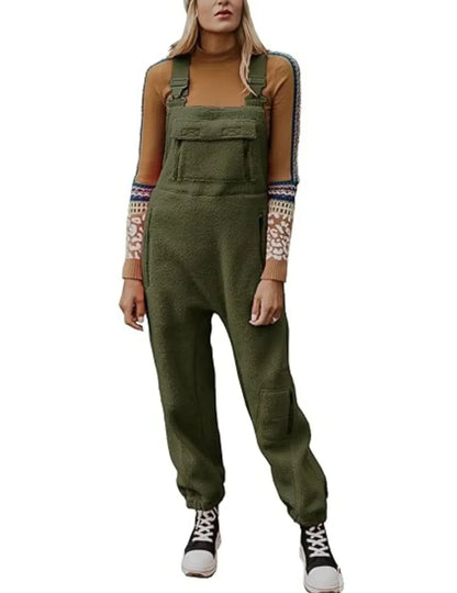 Women Fleece Warm Overalls Loose Casual Jumpsuits One-Piece Bibs Adjustable Suspender Straps Winter Fuzzy Soft Comfy Ski Pants