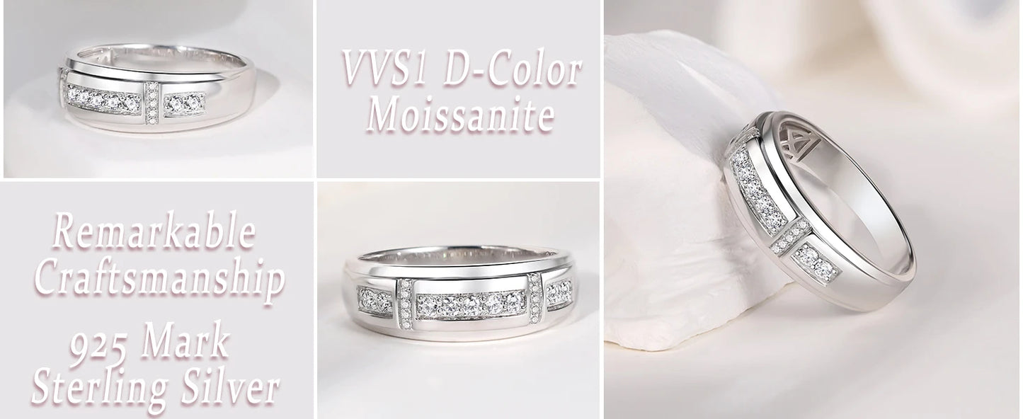 Newshe Elegant Men's Moissanite Rings GRA Certified Wedding Band 925 Sterling Silver Half Eternity Round Engagement Ring