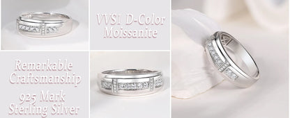 Newshe Elegant Men's Moissanite Rings GRA Certified Wedding Band 925 Sterling Silver Half Eternity Round Engagement Ring