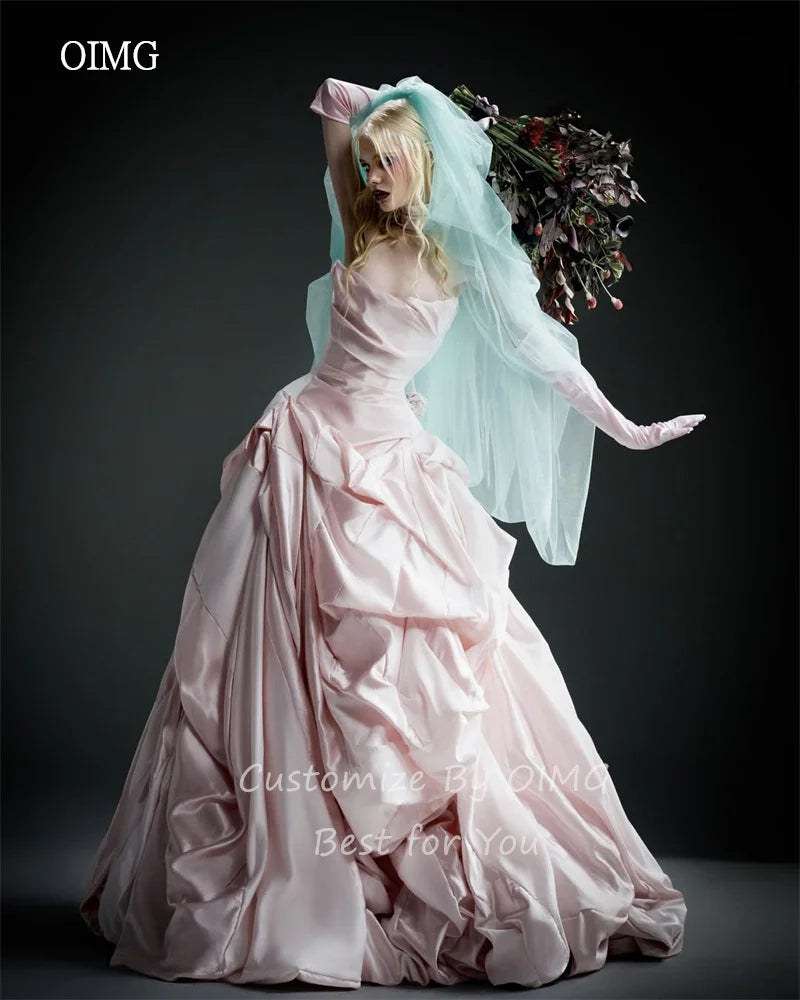 OIMG Luxurious Pink Strapless Ball Prom Gowns Backless Pleated Party Gown Floor Length Evening Dress vestidos de gala Customized