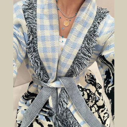 Casual Print Knit Cardigan Women V Neck Long Sleeves Tassels Belts Loose Sweater Female 2026 Autumn Winter Chic Warm Knitwears