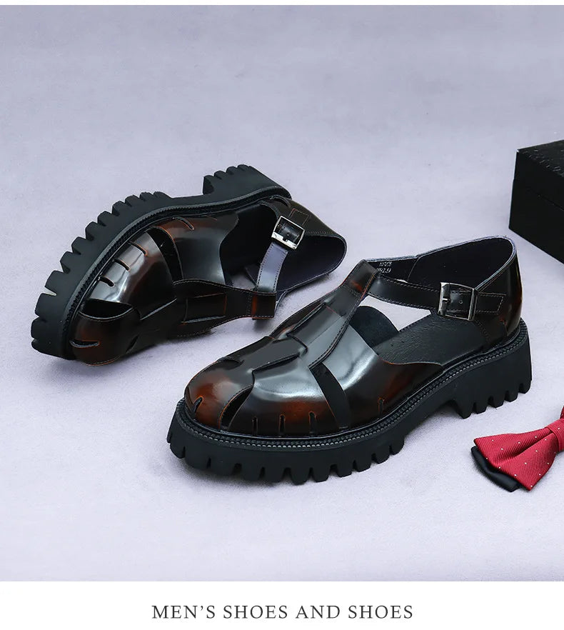 4.5Cm Thick Sole Heightening Sandals Men's Glossy Cowhide Buckle Business Casual British Genuine Leather Summer Sandals for Men