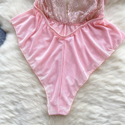 Women Floral Lace Mesh Strappy Bodysuit Fashion Hollow Sexy Comfortable Catsuit One Piece Tights Transparent Onesie