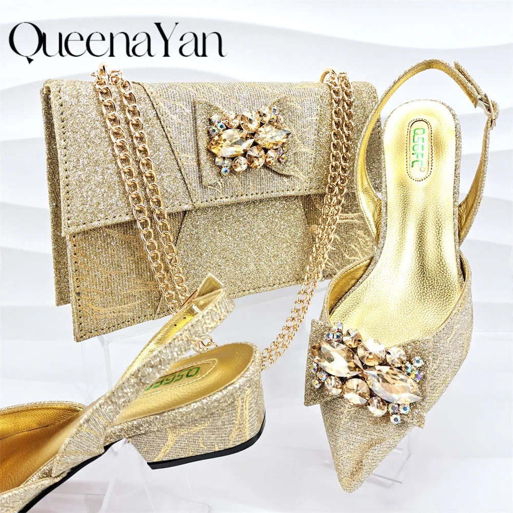 Banquet  Women's Shoes And Bag Light and Comfortable Shoes Rhinestones Embellished with The Same Fine Handbag Low Heel Shoes
