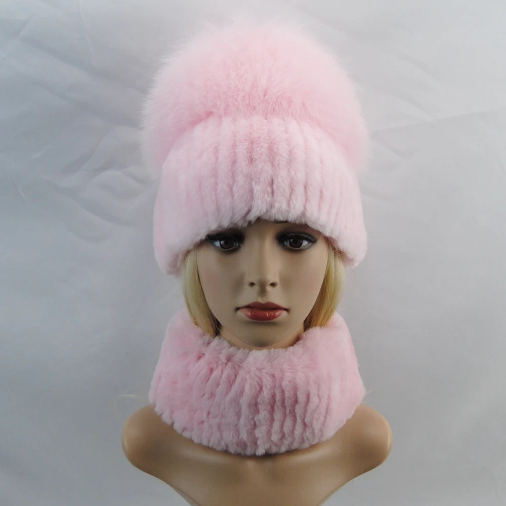 New Winter Lady Brand Hand Make Real Genuine Fox Fur Hat Scarf Girls Natural Real Rex Rabbit Fur Ring Cap Real Fur Scarves Hats