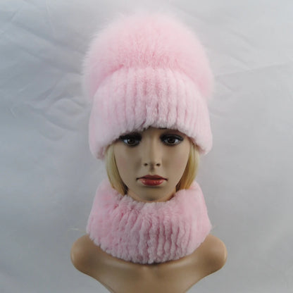 New Winter Lady Brand Hand Make Real Genuine Fox Fur Hat Scarf Girls Natural Real Rex Rabbit Fur Ring Cap Real Fur Scarves Hats