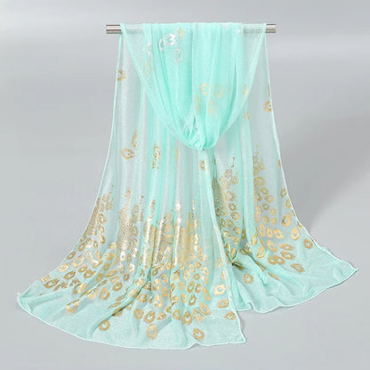 Women Glitter Thin Muffler Solid Color  Elegant Hijab Scarf Chiffon Long Scarves Gold Peacock Print Wrap Shawl Georgette Scarf