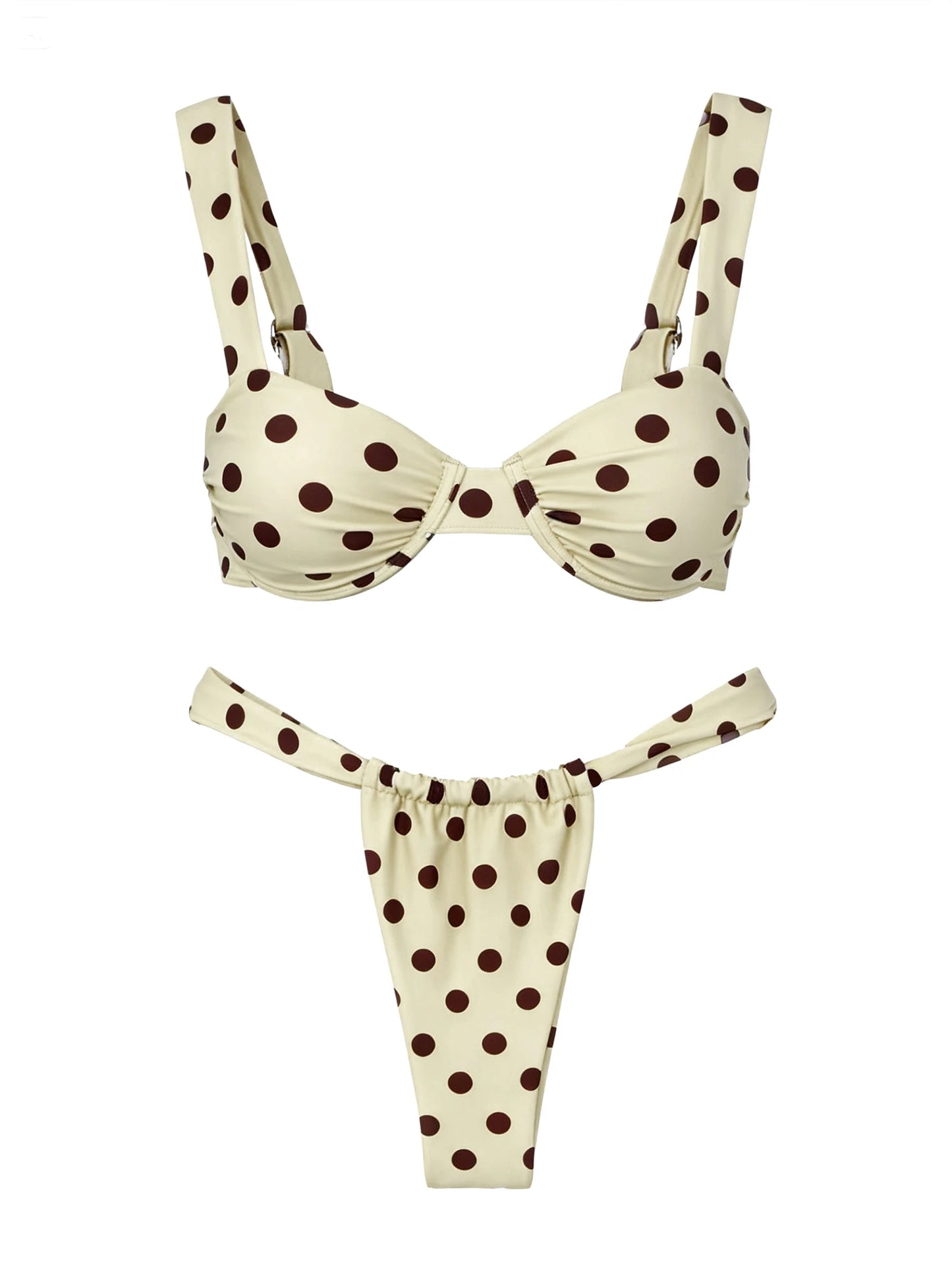 Retro Brown Dot Bikini Sexy Off Shoulder Swimwear Women High Cut Thong Biquini Set Luxury Summer Vacation Beach Bathing SuitK337