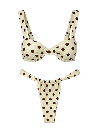 Retro Brown Dot Bikini Sexy Off Shoulder Swimwear Women High Cut Thong Biquini Set Luxury Summer Vacation Beach Bathing SuitK337