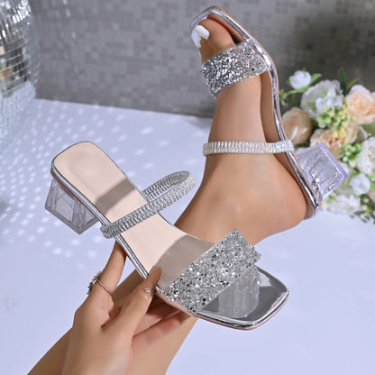 Women High Heels Sandals Square Head Luxury Women Shoes Rhinestone Crystal Thick Heel Sandals Elegant Designer Shoes Women