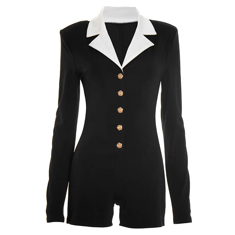 Weird Puss Elegant Lapel Patchwork Playsuits Women Hipster Long Sleeve Rose Button Stretch Activity Party Club Hipster Romper