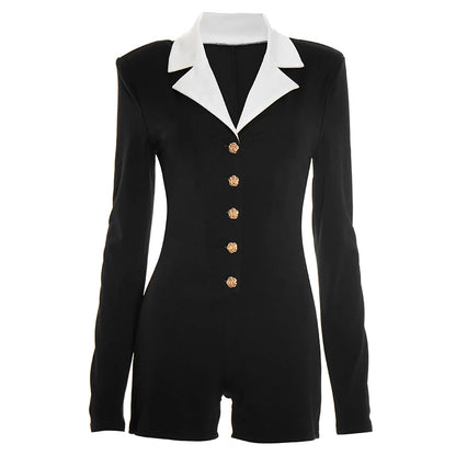Weird Puss Elegant Lapel Patchwork Playsuits Women Hipster Long Sleeve Rose Button Stretch Activity Party Club Hipster Romper