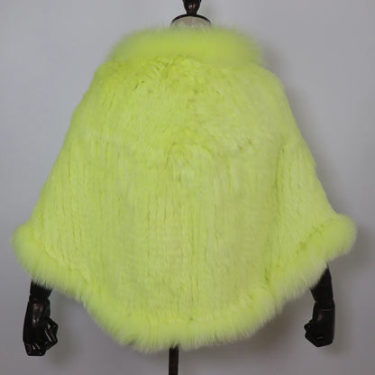 Women 100% Real Rabbit Fur Shawl Scarf With Fox Fur Collar Winter Warm Knitted Rabbit Fur Poncho Girls Party Fashion Accessories