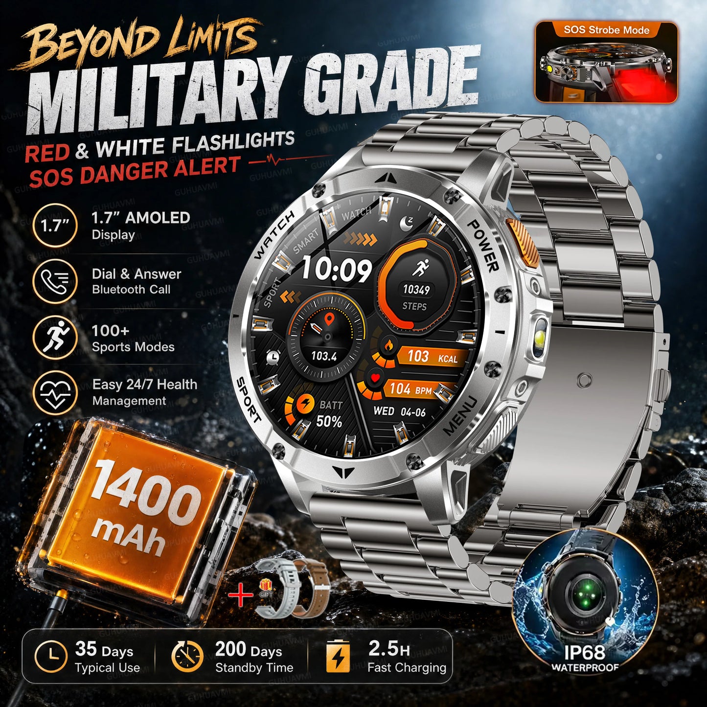 TANK Ultra Outdoor Smartwatch 1400mAh Battery Military Watches Waterproof Two-color Tactical LED Flashlight Men Sports Bracelet