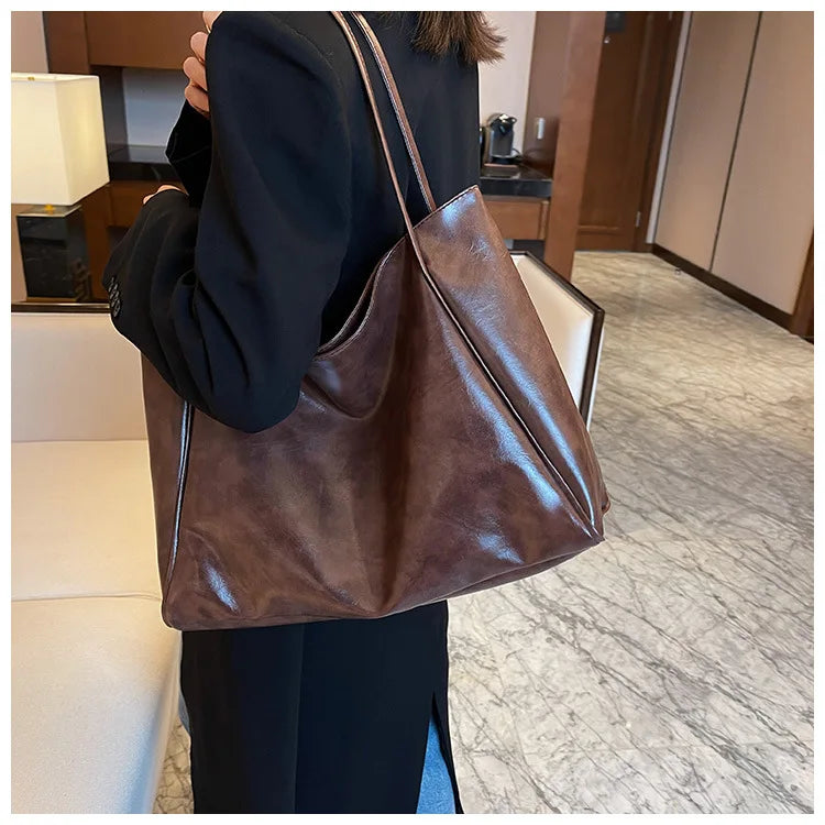 Personalized Name Embroidery Women's Large Tote Bag Brown Faux Leather Shoulder Handbag Vintage Soft Casual Bag for Work Travel