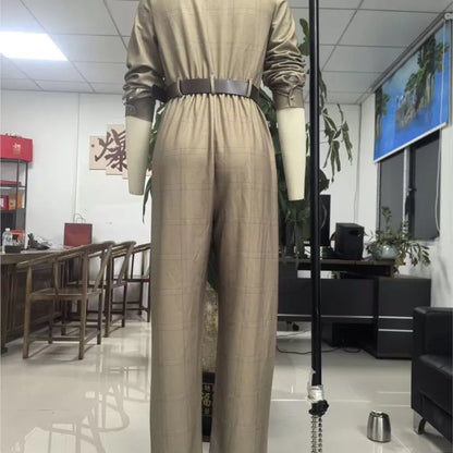 Womens Retro Plaid Jumpsuit Fashion Lapel Collar Button Pocket Long Workwear Jumpsuit AutumnCasual Office Jumpsuits