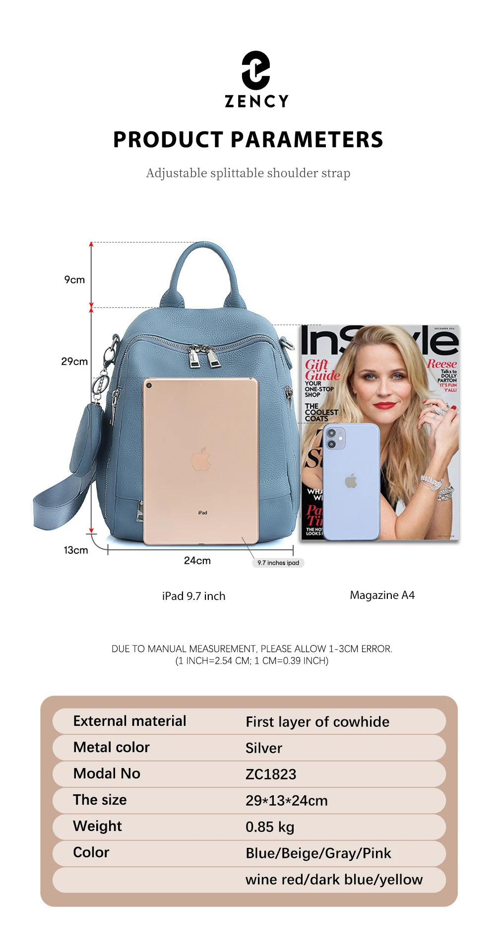 Zency Women's Genuine Leather Backpack High-Quality School Bag Travel Female Shopper Shoulder Satchel Rucksack Commuter