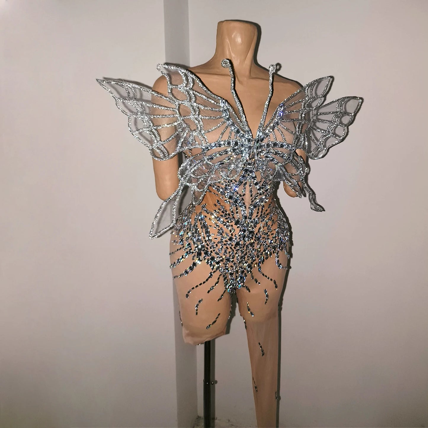 Sexy Shiny Silver Crystal Jumpsuit Transparent Mesh 3D Butterfly Rhinestone Wings Jumpsuit Birthday Party Performance Costume