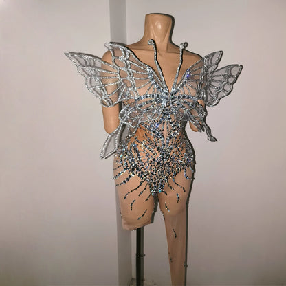 Sexy Shiny Silver Crystal Jumpsuit Transparent Mesh 3D Butterfly Rhinestone Wings Jumpsuit Birthday Party Performance Costume