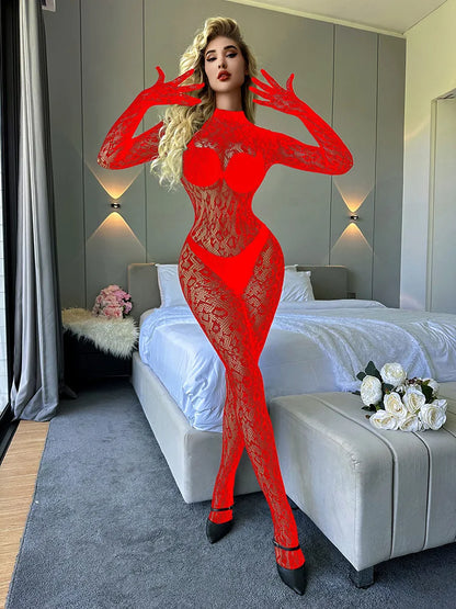 Toucheart Sexy Mesh Jumpsuit Women's Underwear Long-sleeved Jumpsuit Fishnet Top with Closed Crotch Perspective Sexy Jumpsuit