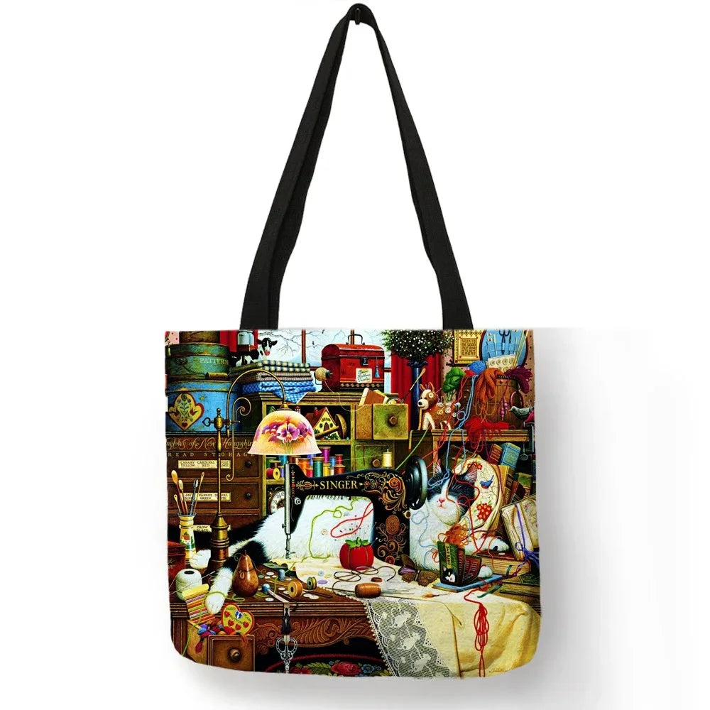 Oil Painting Cat Print Womens Designer Tote Bags Linen Reusable Shopping Bag For Groceries Shoulder Bags for Lady