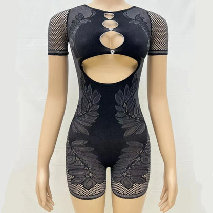 Sexy Club Women Hollow Out Style Rompers Playsuits Bodysuit Short Sleeve Streetwear Overalls Top Suit Summer Autumn Jumpsuit