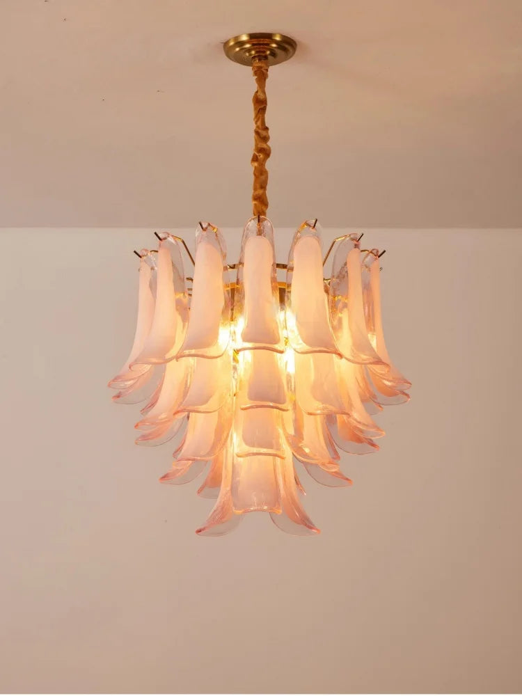 French Murano Petal Glass Chandelier Dining Table Living Room Antique Style Pink Petal Glass Pendant Chandelier Lights Bedroom