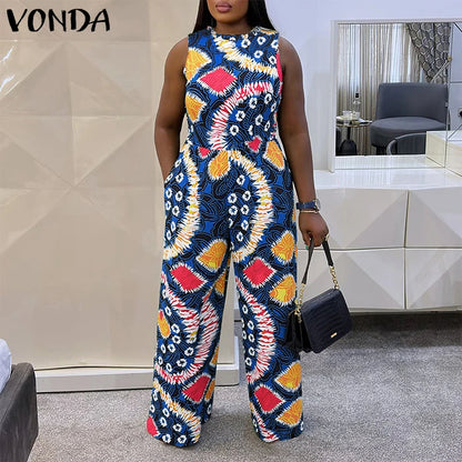 Women Jumpsuits Vintage Printed Sleeveless Overalls 2025 VONDA Summer Beach Wide Leg Playsuits Casual OL Work Long Jumpsuits