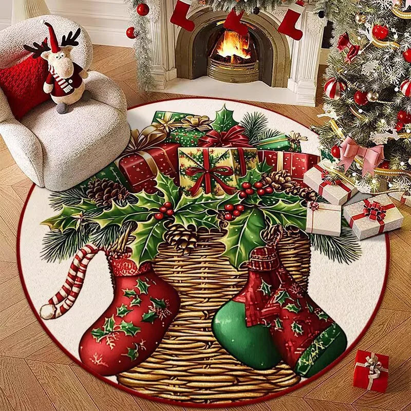 Christmas Style Living Room Decoration Red Carpet Round Rugs for Bedroom Washable Lounge Soft Floor Mat Anti-slip Children's Rug