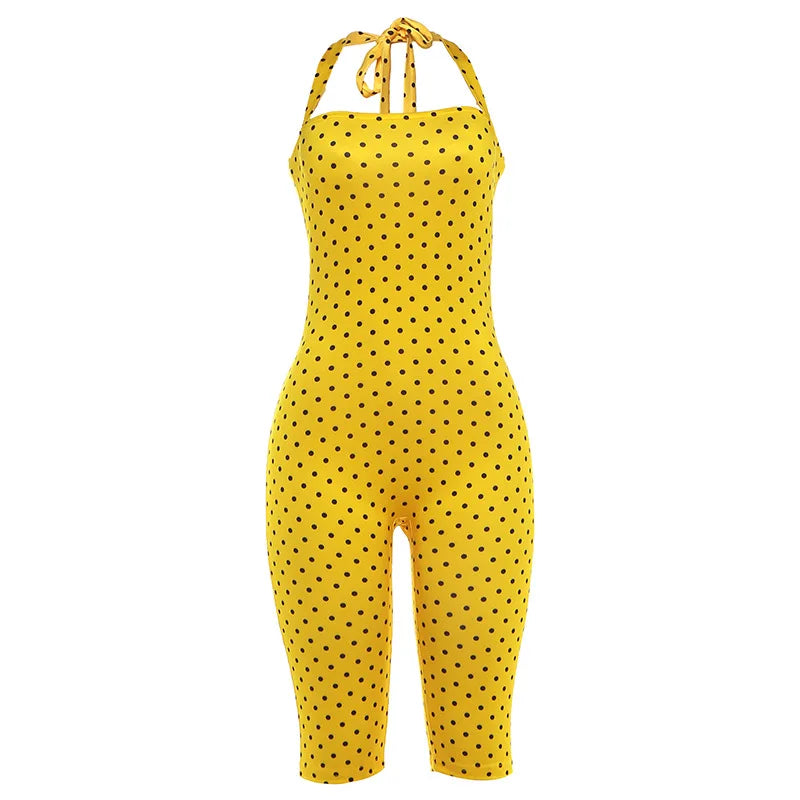 FAGADOER Sexy Polka Dot Halter Romper Fashion Print Backless Bodycon Jumpsuits Women Summer Streetwear Party Club Playsuits New