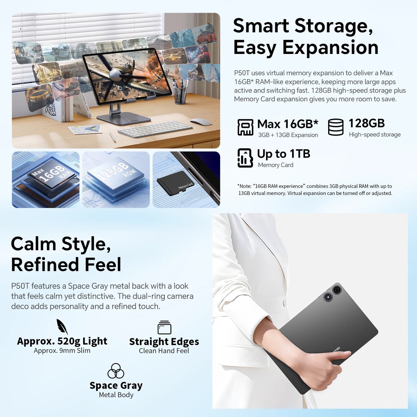 Teclast P50T Android 16 Tablets 90Hz 11" Display 8 Core UNISOC T7250 Max.16GB RAM(3GB+13GB Virtual) 128GB ROM 8000mAh GPS Tabs