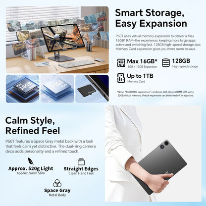 Teclast P50T Android 16 Tablets 90Hz 11" Display 8 Core UNISOC T7250 Max.16GB RAM(3GB+13GB Virtual) 128GB ROM 8000mAh GPS Tabs