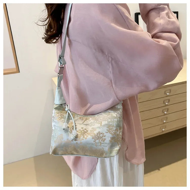 Fashion Luxury Women Embroidery Shoulder Bag Nylon Pearl Pendant Bucket Bag Versatile Handbag Retro Women Crossbody Bags сумка