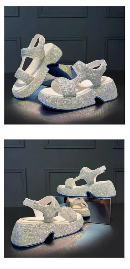 Fashion Luxury Rhinestone Women Sandals Summer New Sheepskin Elastic Band Thick-soled Open-toed Roman Flat Sandals