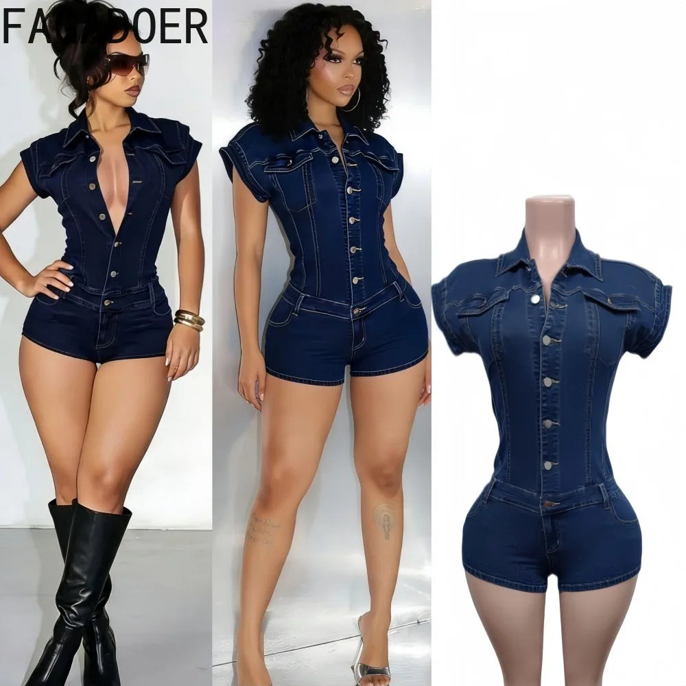 FAGADOER Fashion Solid Color Denim Rompers for Woman Single Breasted Sleeveless Jumpsuits Female Streetwear Overalls 2026 New