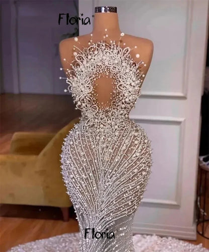 Floria Luxury Sleeveless Wedding Dresses 2026 Pearls Beading Bride Dresses With Long Train Elegant Bridal Gown Customized