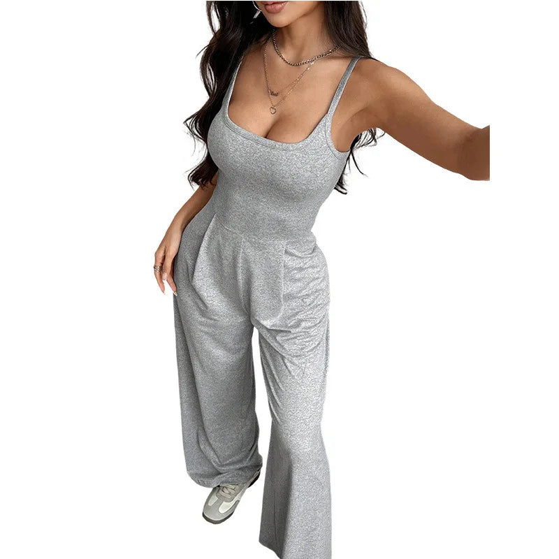 Casual Jumpsuit Jumpsuits For Woman Sling Women's Clothing Solid Color Backless Sleeveless Loose Wide Legs Trouser Simple Style