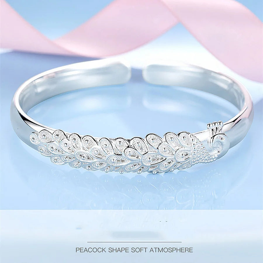 New sterling silver elegant Peacock opening screen bracelet Bangles for women fashion party wedding jewelry gift