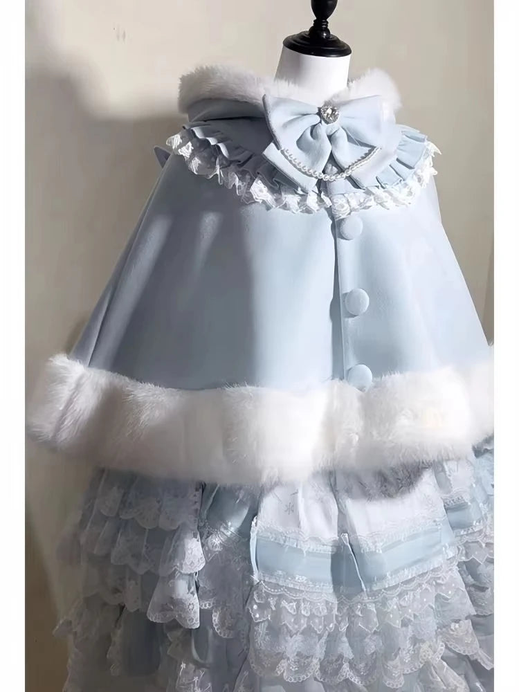 Winter  New Lolita Shawl Overcoat Women Design Bow Hooded Patchwork Kawaii Cope Coat Female Warm Chic Sweet Fur Collar Coat