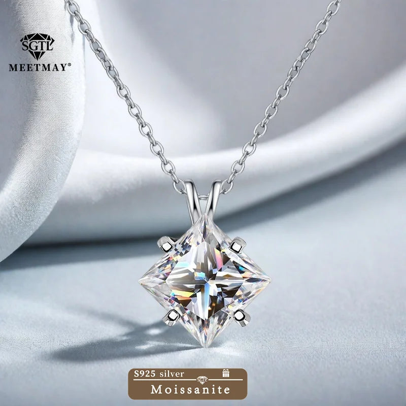 BOCARMAN S925 Sterling Silver Necklace with Colorful Princess Cut Moissanite Inlay Clavicle Chain Pendant for Women Gift