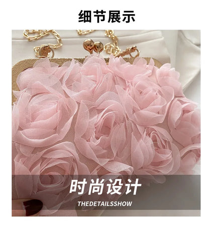 Luxury Women Chain Shoulder Bag Chiffon 3D Flower Banquet Bag Fashion Evening Bags Fashion Clutch Handbag Trendy Crossbody Bag