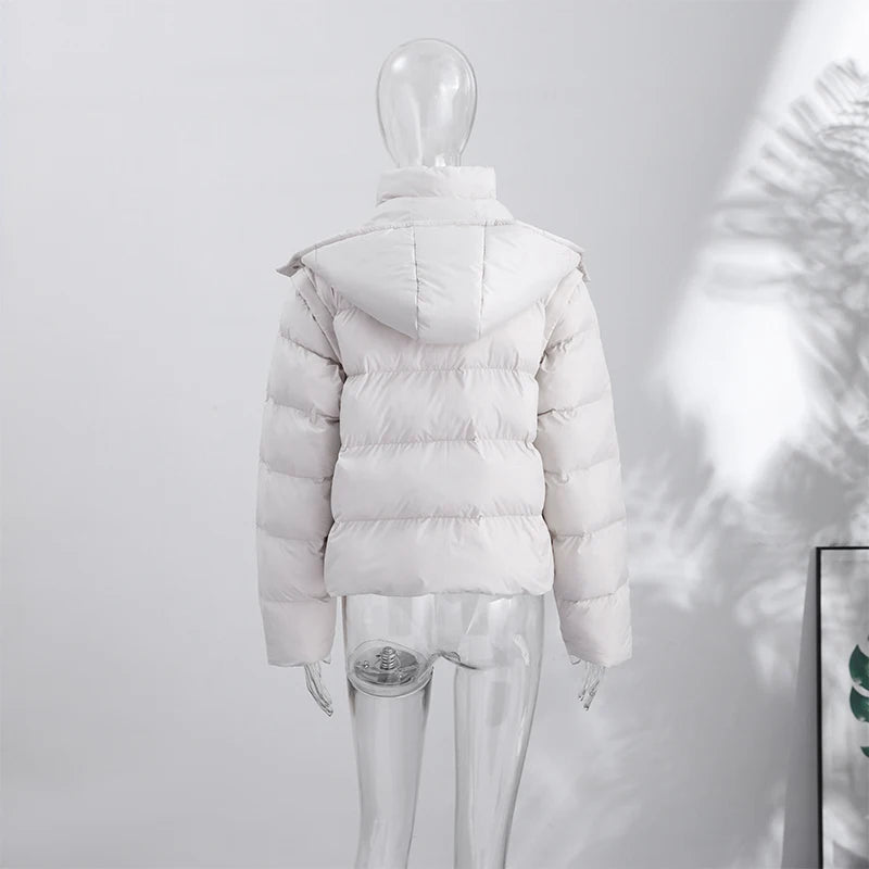 Detachable Sleeve Hooded Quilted Jackets 2026 Winter Ladies Solid 2-in-1 Zippers Waistcoat Cotton Coats Women's Warm Outwear