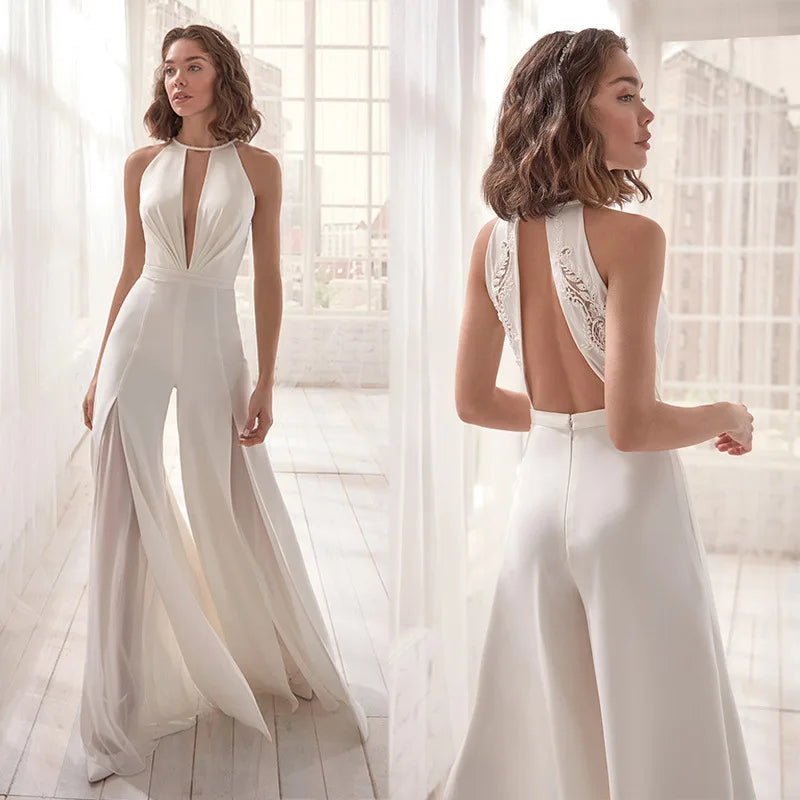 Sexy Deep V-neck Jumpsuits Women Sleeveless Halter Neck Backless Lace Hollow Out Wide Legs Slit Flared Jumpsuit Elegant Fashions
