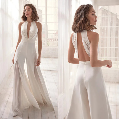 Sexy Deep V-neck Jumpsuits Women Sleeveless Halter Neck Backless Lace Hollow Out Wide Legs Slit Flared Jumpsuit Elegant Fashions