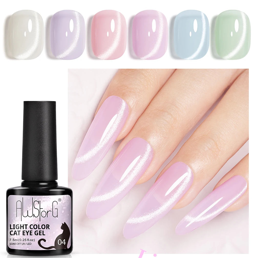 AWStorG 7.5ml Light Color Cat Eye Gel Nail Polish Pink Semi Permanent Glitter Magnetic Gel Soak Off UV LED Varnish Nail Art